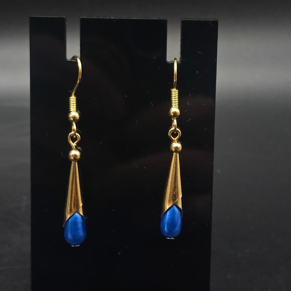 Blue Faux Pearl Gold Tone Earrings Drop Dangle Vintage 1980s NOS NWT Korea